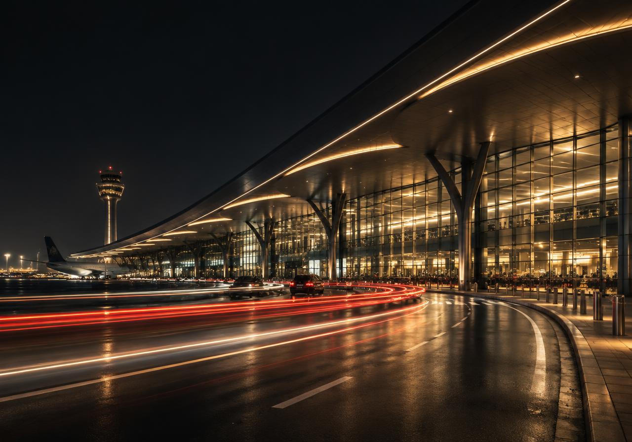Terminal d’aéroport de nuit (illustration)