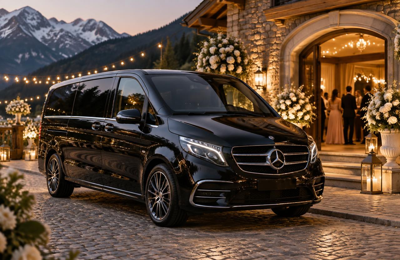 Mercedes Classe V noir devant un lieu de réception (photo d’illustration)